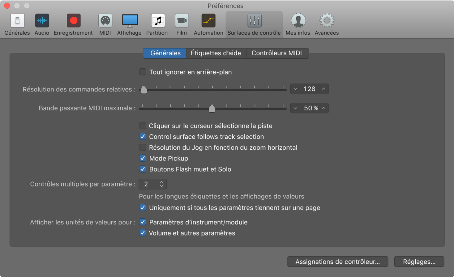 Figure. Fenêtre Préférences des surfaces de contrôle de Logic Pro.