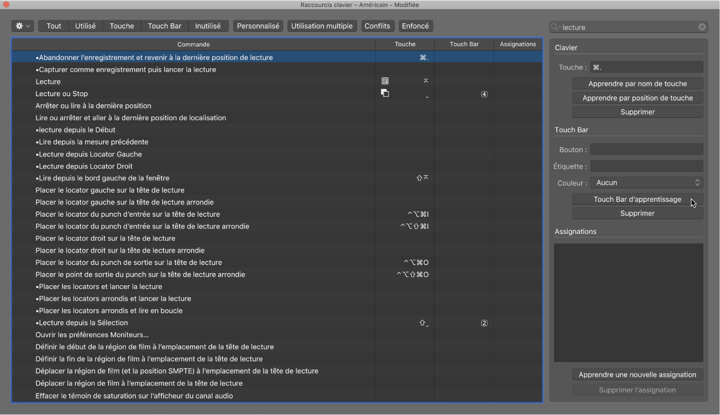 Figure. Affectation d’une fonction à l’écran des raccourcis clavier sur la Touch Bar.
