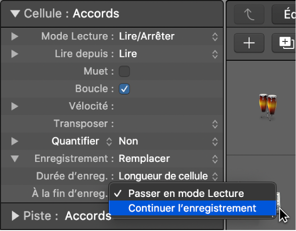 Figure. Menu local des réglages « À la fin d’enreg. » dans l’inspecteur de cellule.