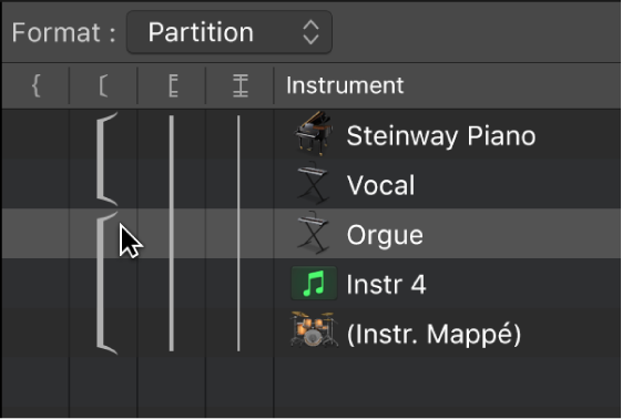 Figure. Ligne de crochet dans la fenêtre Jeu de partitions