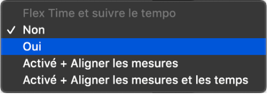 Figure. Menu local « Flex et suivre » dans l’inspecteur de piste montrant les choix proposés.