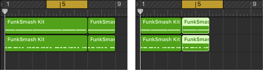 Figure. Paire d’images montrant la commande « Couper la section entre les locators » dans la zone Pistes.