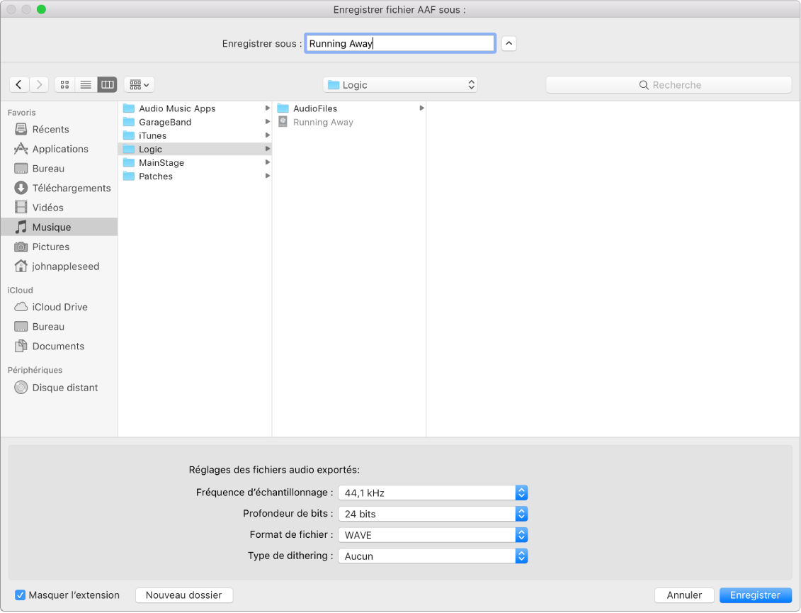 Zone de dialogue « Enregistrer fichier AAF sous ».