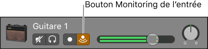 Figure. En-tête de la piste audio avec son bouton « Monitoring de l’entrée » sélectionné.