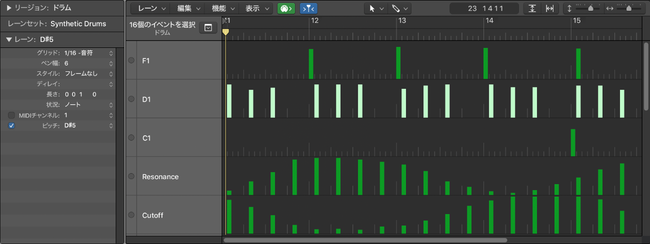 図。単一のノートピッチを操作するノートイベントレーンが表示されたステップエディタ。