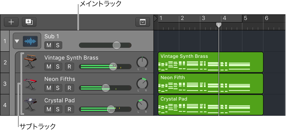 図。メイントラックとサブトラックが表示されたフォルダスタック。