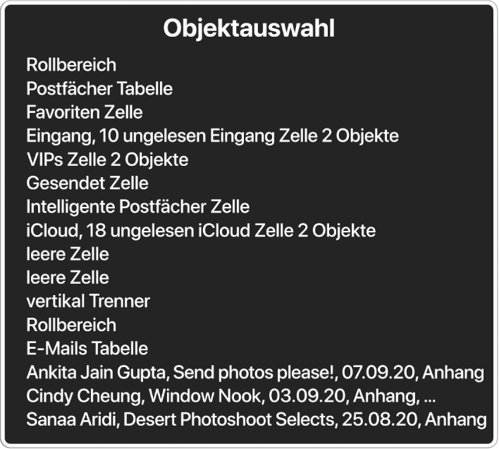 Die Objektauswahl ist ein Panel, in dem Elemente aufgelistet werden, etwa leerer Scrollbereich, Schließtaste, Symbolleiste, Taste „Teilen“ usw.