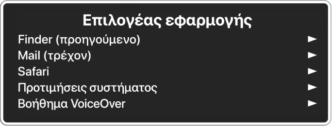 Ο Επιλογέας εφαρμογών που εμφανίζει πέντε ανοιχτές εφαρμογές, συμπεριλαμβανομένων του Finder και των Προτιμήσεων συστήματος. Στα δεξιά κάθε στοιχείου της λίστας υπάρχει ένα βέλος.