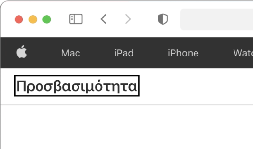Ο δρομέας VoiceOver –ένα σκούρο ορθογώνιο περίγραμμα– με την εστίαση στη λέξη «Προσβασιμότητα» στην οθόνη.
