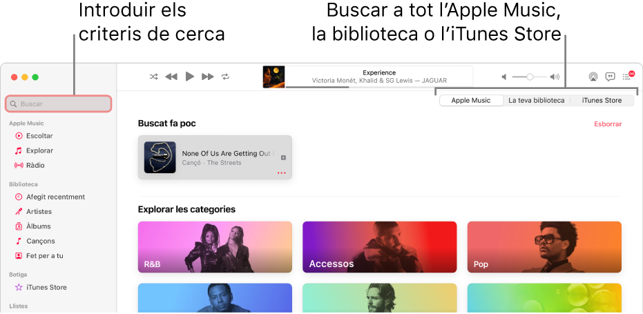 Finestra de l’Apple Music que mostra el camp de cerca a l’angle superior esquerre, la llista de categories al centre de la finestra, i l’Apple Music, la teva biblioteca o l’iTunes Store disponible a l’angle superior dret. Introdueix els criteris de cerca al camp de cerca i, aleshores, selecciona l’opció per fer la cerca a tot l’Apple Music, només a la teva biblioteca o a l’iTunes Store.