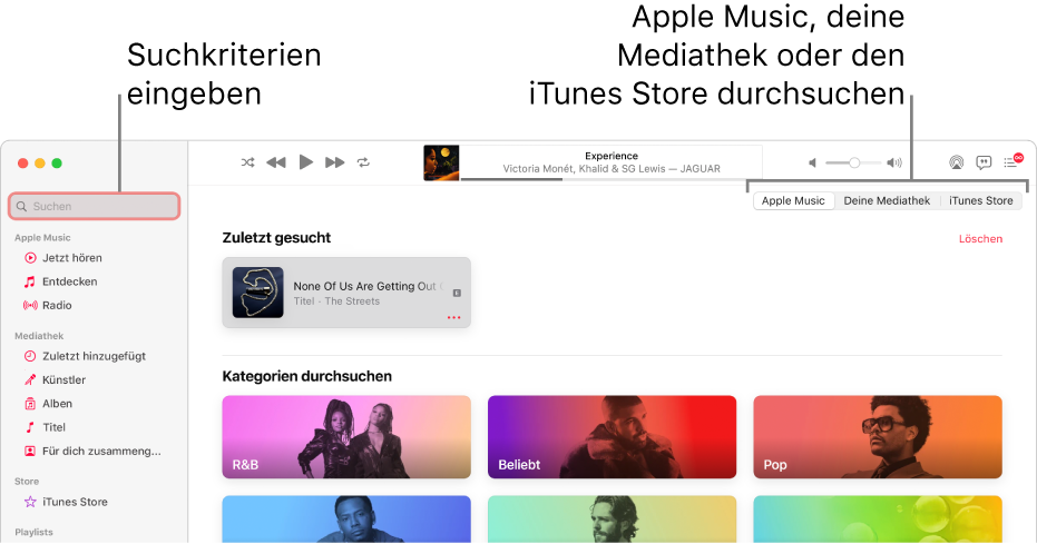 Das Apple Music-Fenster mit dem Suchfeld oben links, der Kategorienliste in der Fenstermitte und den Optionen „Apple Music“, „Deine Mediathek“ und „iTunes Store“ oben rechts. Gib Suchkriterien in das Suchfeld ein und wähle dann aus, ob Apple Music, nur deine Mediathek oder der iTunes Store durchsucht werden soll.