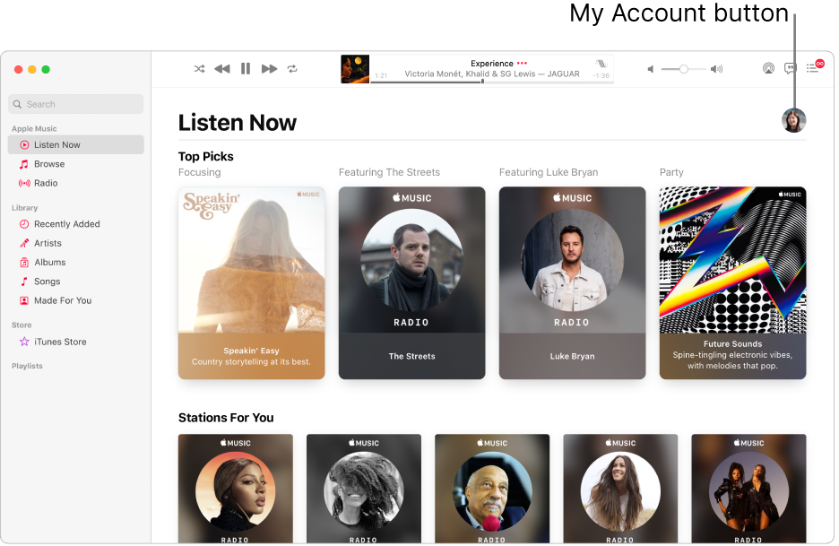 The Apple Music window showing Listen Now. The My Account button (which looks like a photo or monogram) is in the top-right corner of the window.
