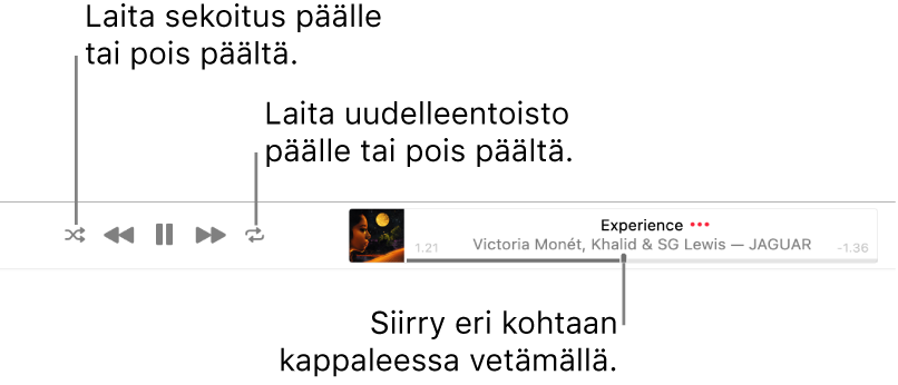 Banneri musiikkikappaleen soidessa. Sekoituspainike on vasemmassa yläkulmassa ja uudelleentoistopainike oikeassa yläkulmassa. Vedä selauspalkkia toiseen kohtaan kappaleessa.