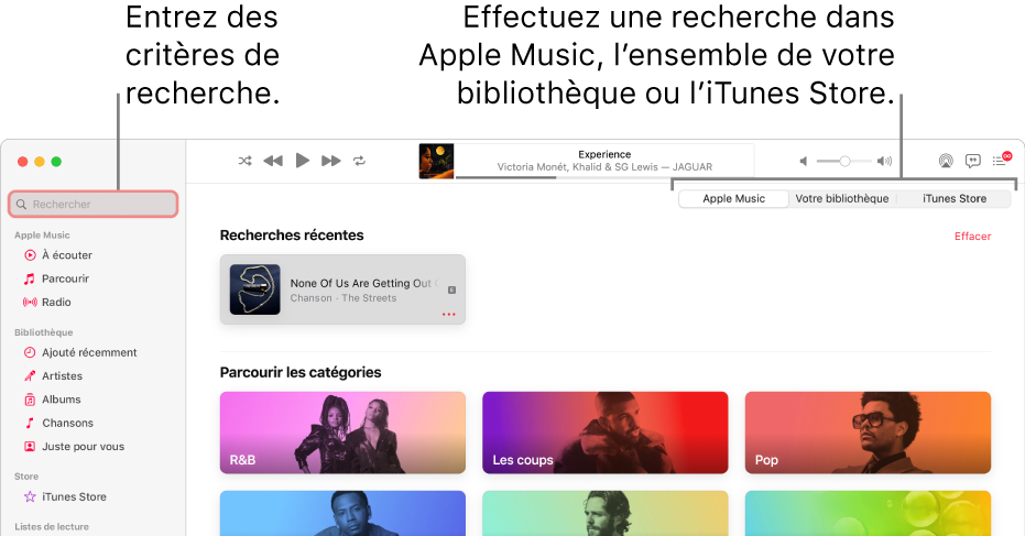 La fenêtre Apple Music, avec le champ de recherche en haut à gauche de la fenêtre, la liste de catégories au centre de la fenêtre et « Apple Music », « Votre bibliothèque » et « iTunes Store » disponibles en haut à droite de la fenêtre. Entrez des critères de recherche dans le champ de recherche, puis choisissez d’effectuer la recherche dans tout Apple Music, seulement dans votre bibliothèque ou dans l’iTunes Store.