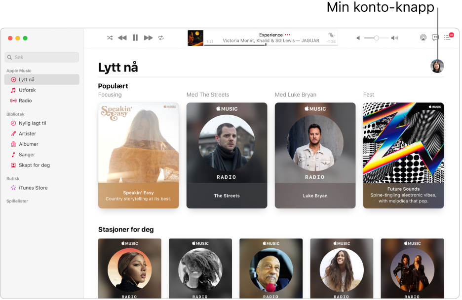 Apple Music-vinduet som viser Lytt nå. Min konto-knappen (ser ut som et bilde eller et monogram) er øverst til høyre i vinduet.