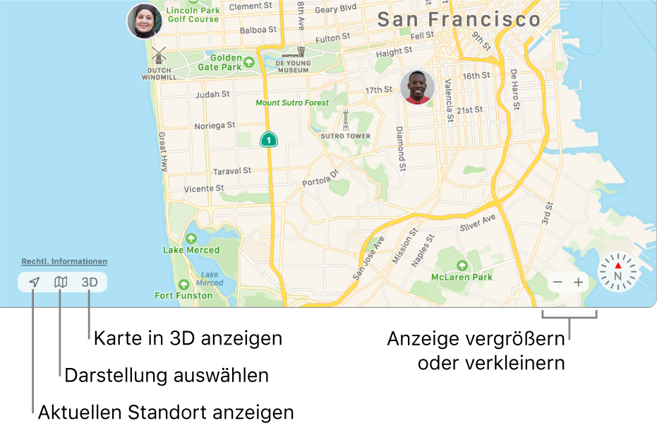 Ansicht des „Wo ist?“-Fensters mit den Standorten von Personen auf einer Karte. Verwende die Tasten unten links, um deinen aktuellen Standort zu sehen, eine Darstellung auszuwählen und die Karte in 3D anzuzeigen. Die Tasten unten rechts kannst du verwenden, um die Karte ein- oder auszuzoomen.