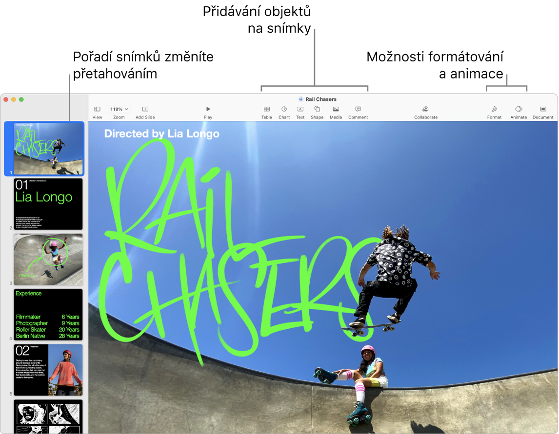 Okno aplikace Keynote se snímkovým navigátorem a postupem změny pořadí snímků na levé straně, panelem nástrojů pro úpravy nahoře, tlačítkem Spolupracovat poblíž pravého horního rohu a tlačítky Formát, Animace a Dokument vpravo