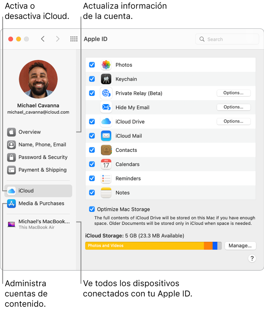 El panel Apple ID de Preferencias del Sistema. Haz clic en un elemento en la barra lateral para actualizar la información de tu cuenta, activar o desactivar iCloud, administrar cuentas de contenido y ver todos los dispositivos en los que has iniciado sesión con tu Apple ID.