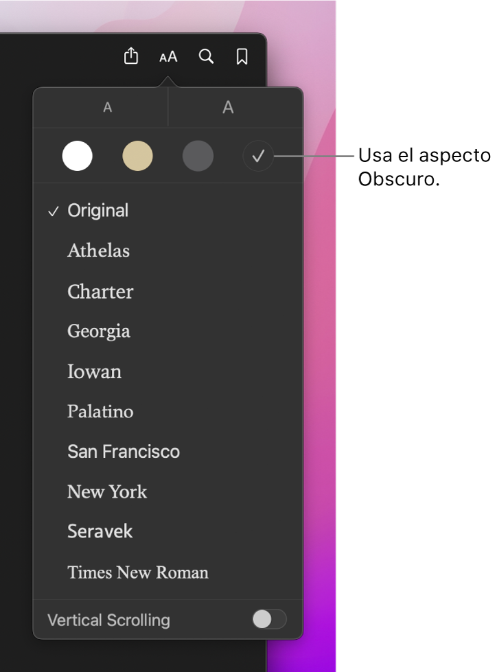 Ventana de la app Libros mostrando el menú Aspecto.