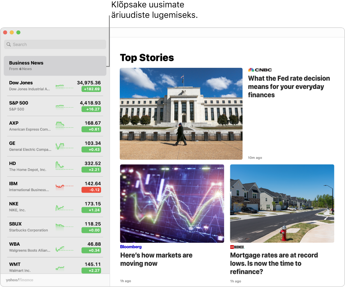 Rakenduse Stocks juhtpaneelil kuvatakse jälgimisloendis turuhindu koos Top Stories lugudega.
