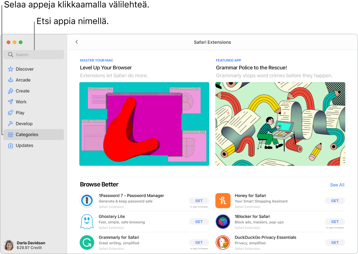 App Store -ikkuna, jossa näkyy hakukenttä ja Safarin laajennusten sivu.