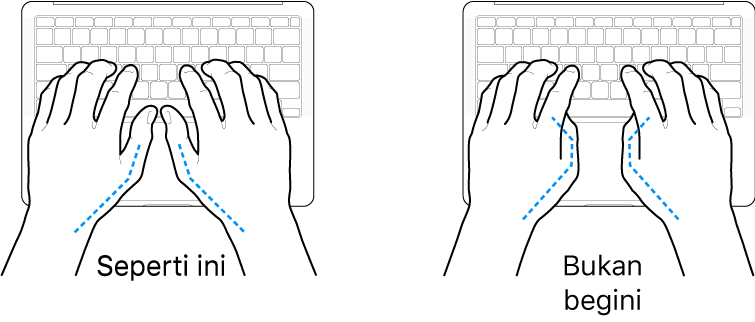 Tangan diposisikan di atas papan ketik, menampilkan letak ibu jari yang benar dan salah.