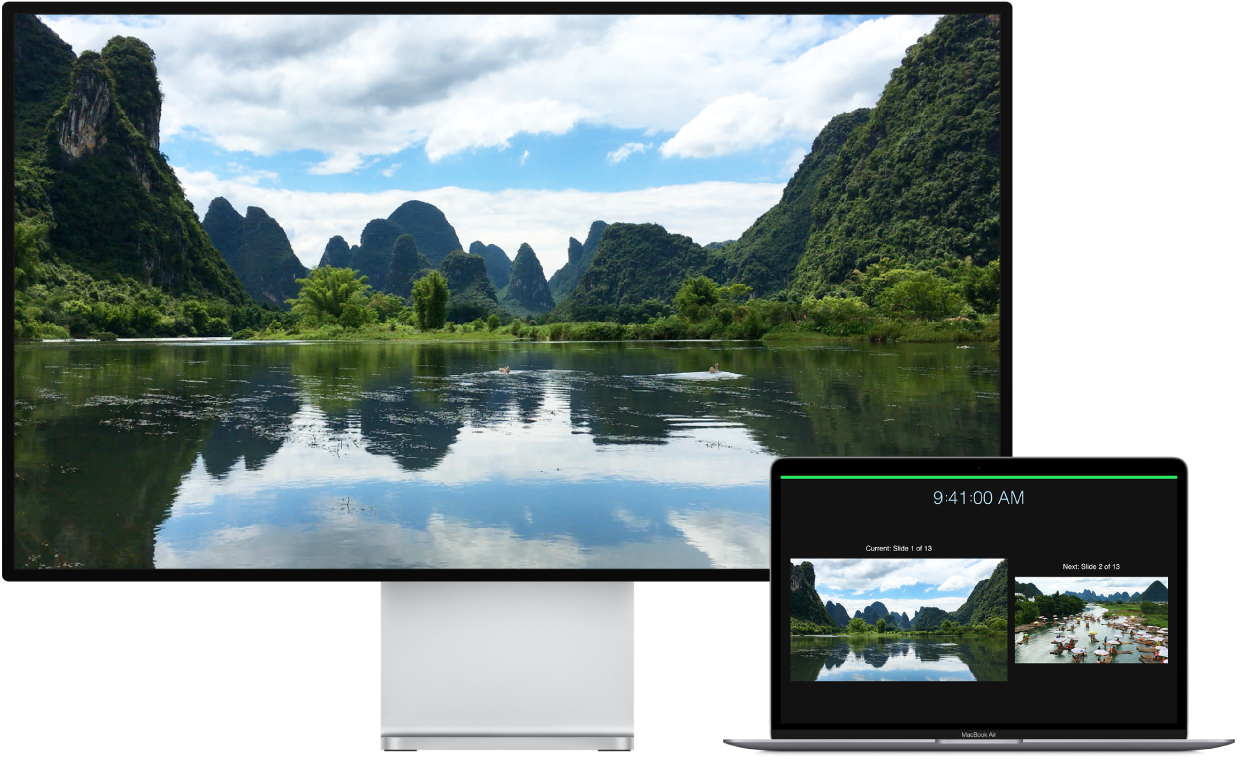 MacBook Air di samping HDTV yang digunakan sebagai layar eksternal.