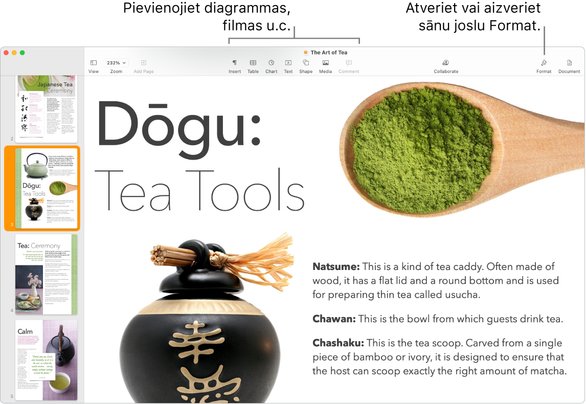 Lietotnes Pages loga sānu joslā kreisajā malā redzami lapu sīktēli, rīkjosla un tās rediģēšanas rīki ir loga augšā, poga Collaborate augšējā labajā stūrī un pogas Format un Document — labajā malā.