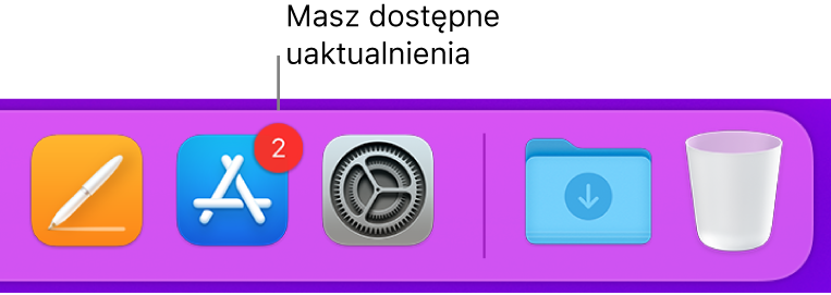 Fragment Docka zawierający ikonę App Store z plakietką wskazującą na dostępność uaktualnień.