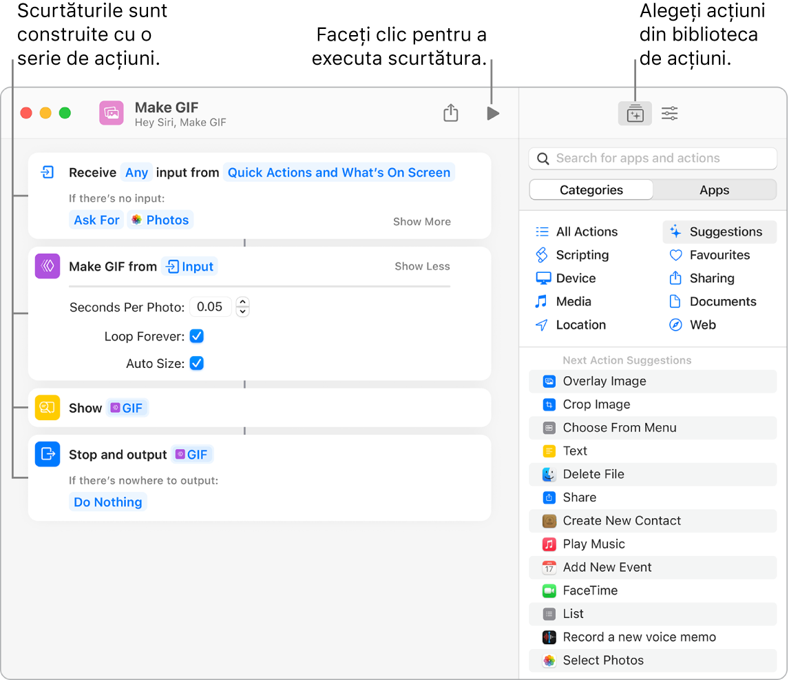 Editorul de scurtături Creare GIF în stânga și biblioteca de acțiuni în dreapta.