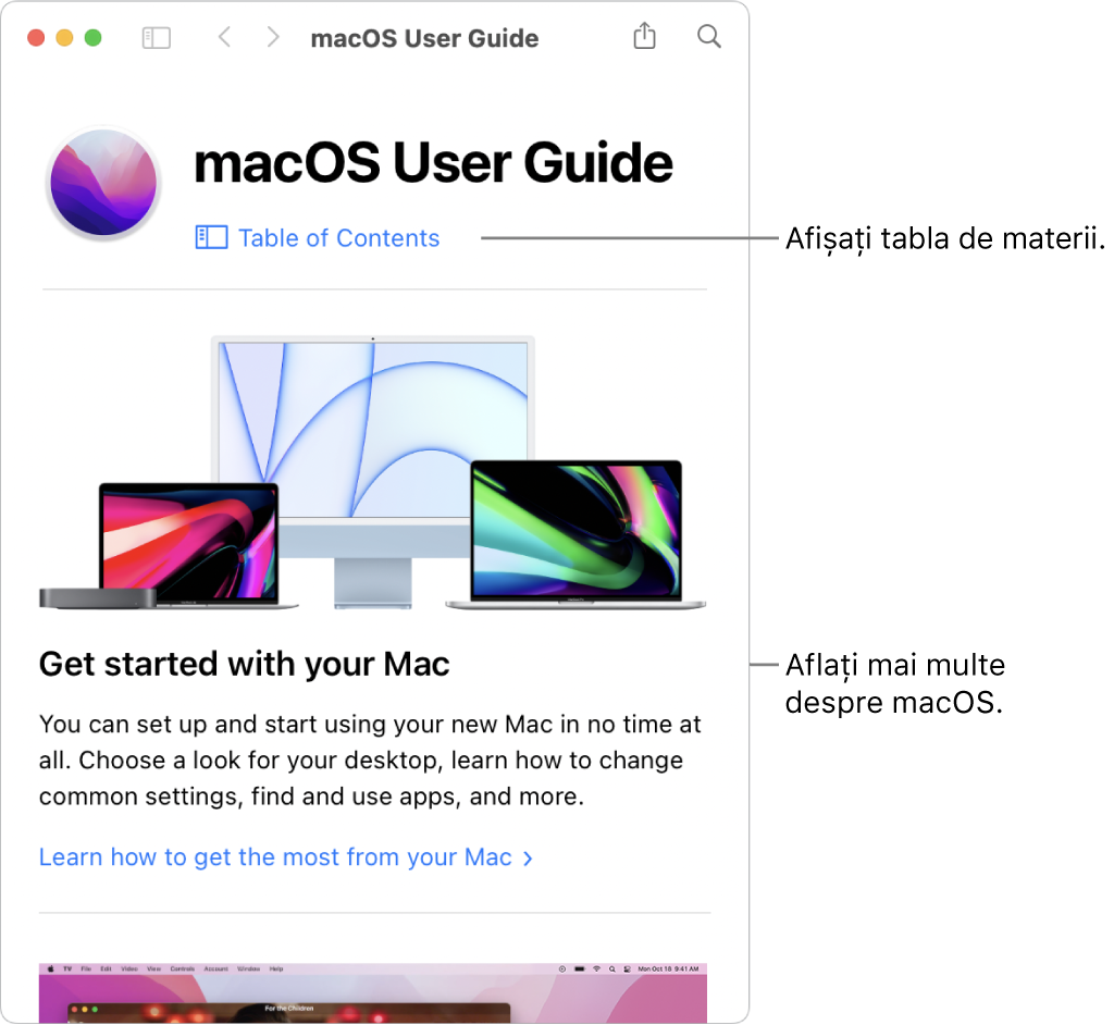 Pagina de bun venit a Manualului de utilizare macOS afișând linkul Tablă de materii.