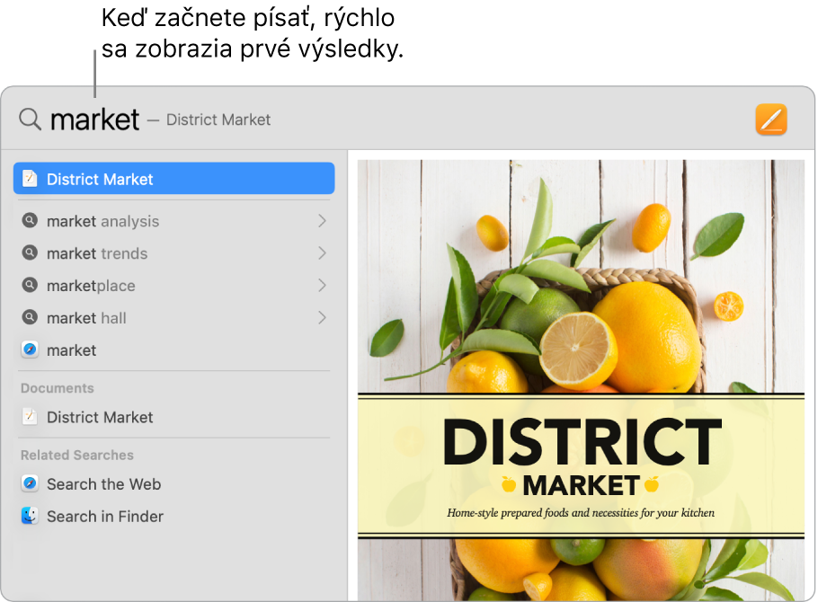 Okno Spotlightu s výsledkami vyhľadávania naľavo.