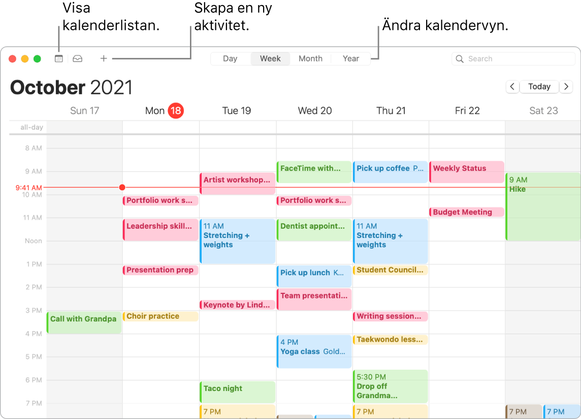Ett Kalender-fönster som illustrerar hur du skapar en aktivitet, visar kalenderlistan och väljer dag-, vecko-, månads- eller årsvyn.