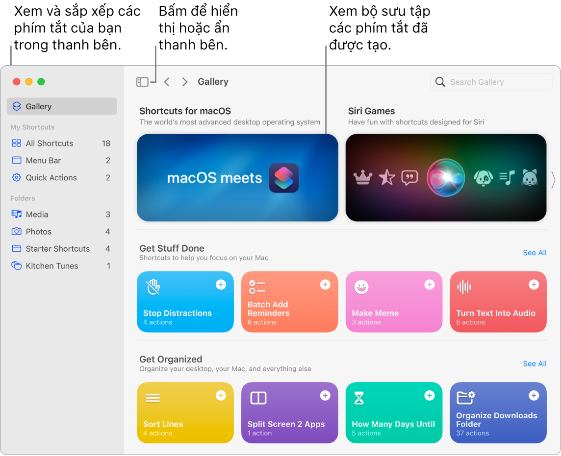 Cửa sổ Phím tắt với thanh bên được mở ở bên trái và Thư viện ở bên phải. Nút Thanh bên và các mũi tên điều hướng nằm ở trên cùng bên trái phía trên Thư viện và trường tìm kiếm nằm ở trên cùng bên phải.