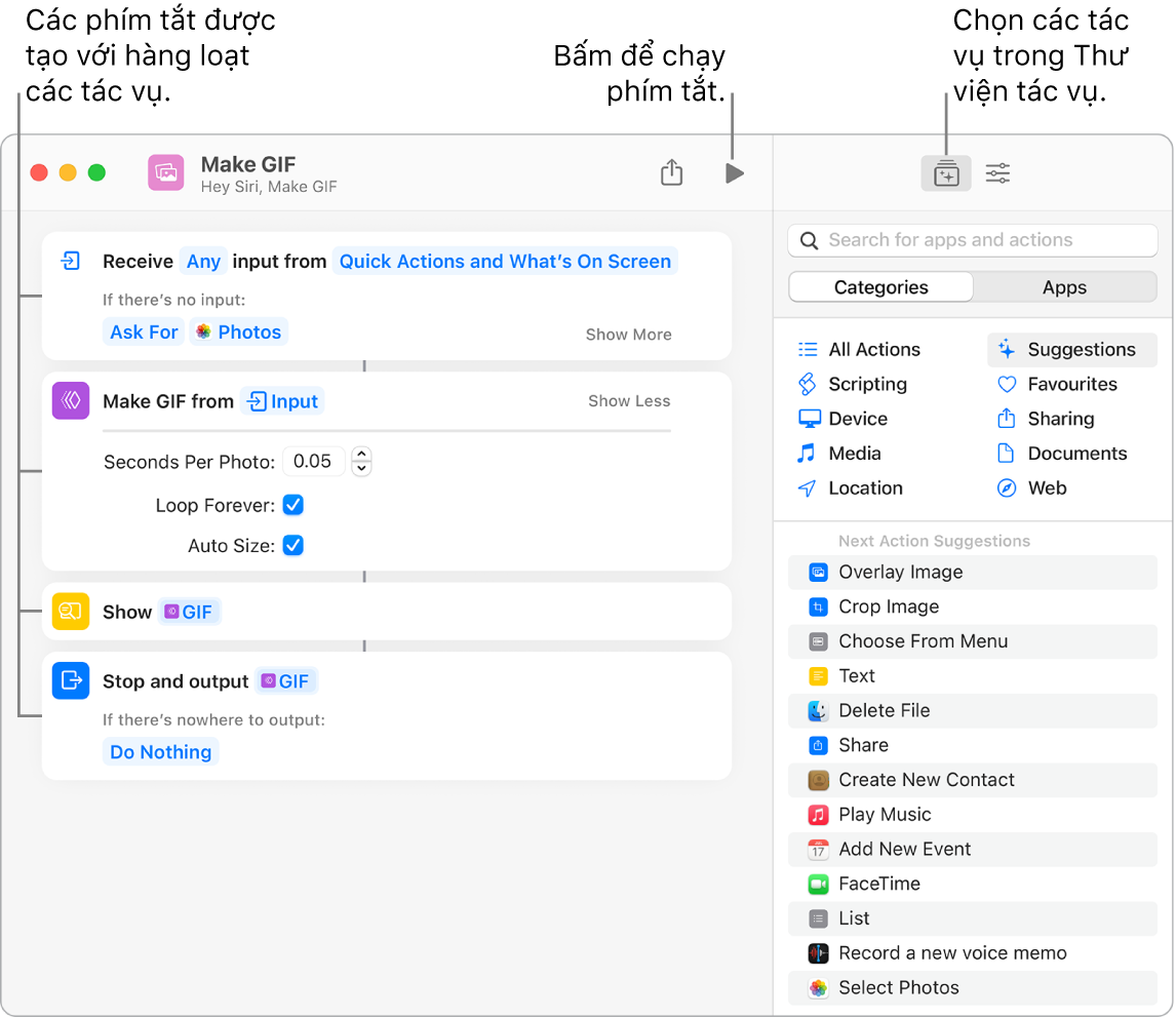Trình sửa phím tắt Tạo GIF ở bên trái và thư viện tác vụ ở bên phải.