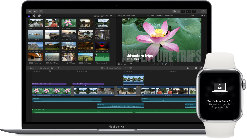 MacBook Air 显示在 Apple Watch 旁边,信息提示 Mac 已通过手表解锁。