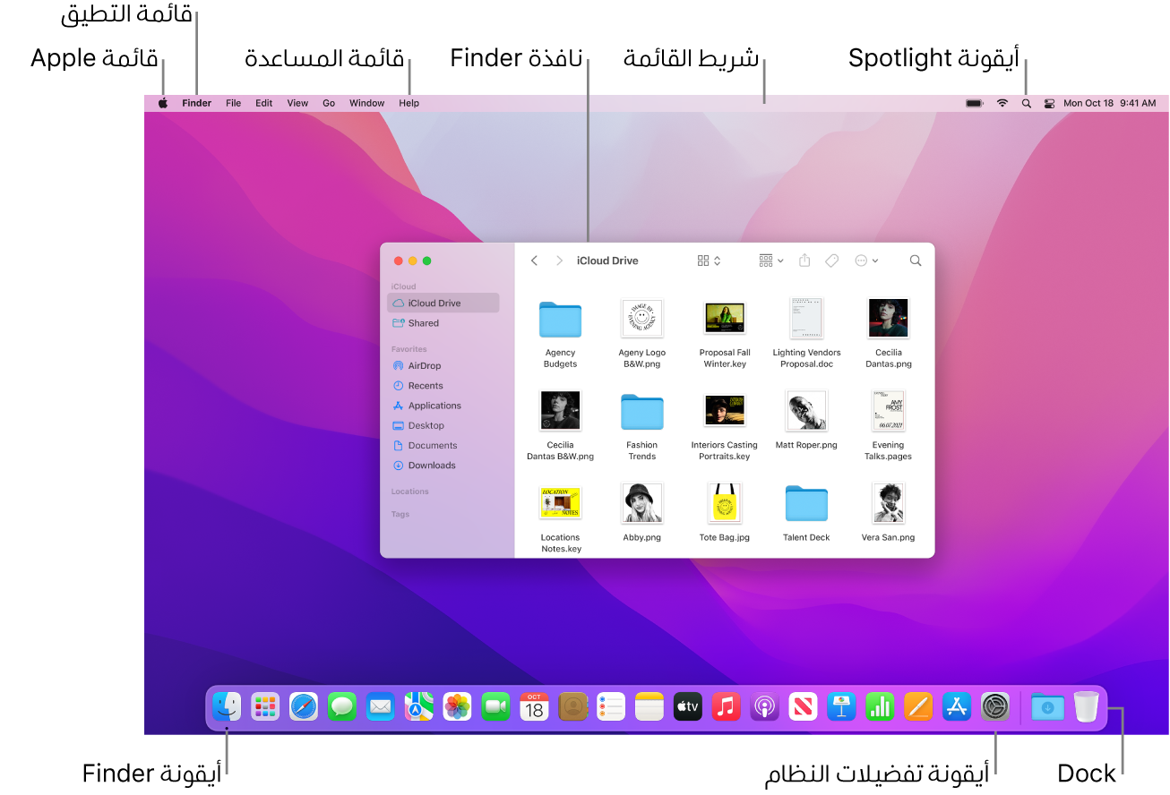 شاشة Mac تعرض قائمة Apple وقائمة المساعدة ونافذة Finder وشريط القائمة وأيقونة Spotlight وأيقونة Finder وأيقونة تفضيلات النظام و Dock.