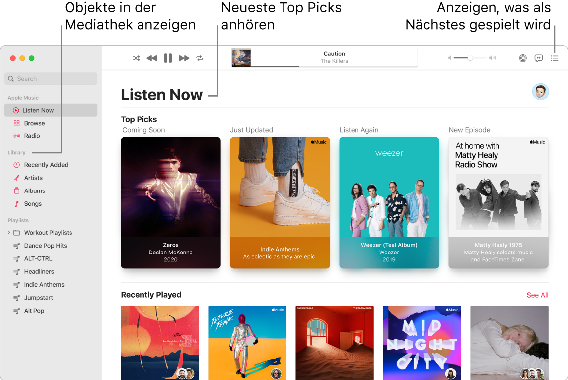 Ein Fenster der App „Musik“ mit Informationen zum Anzeigen deiner Mediathek, Anhören von Apple Music und Anzeigen des nächsten Titels
