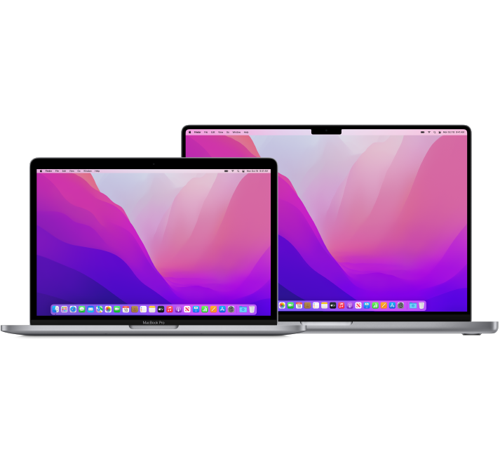 Ένας υπολογιστής MacBook Pro 13 ιντσών μπροστά από ένα MacBook Pro 16 ιντσών.