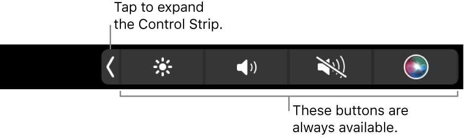 A partial screen of the default Touch Bar, showing the collapsed Control Strip. Tap the expand button to show the full Control Strip.