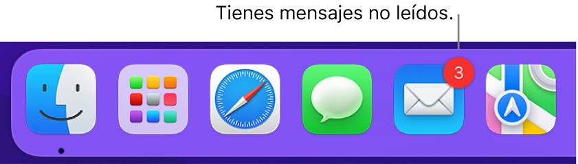 Una parte del Dock mostrando el ícono de la app Mail con un indicador que muestra la cantidad de mensajes no leídos.