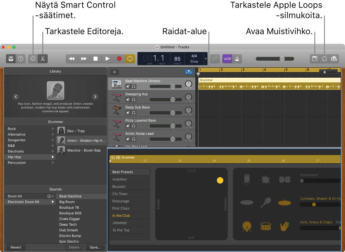 GarageBand-ikkuna, jossa näkyy painikkeet Älykkäiden säätimien, Editorien, Muistiinpanojen ja Apple Loops -silmukoiden käyttämistä varten. Siinä näkyy myös raitojen näyttö.