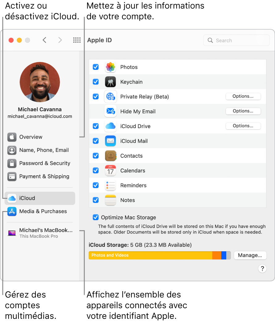 La sous-fenêtre « Identifiant Apple » de « Préférences Système ». Cliquez sur un élément de la barre latérale pour mettre à jour les données de votre compte, activer ou désactiver iCloud, gérer les comptes multimédias ou voir tous les appareils connectés avec votre identifiant Apple.