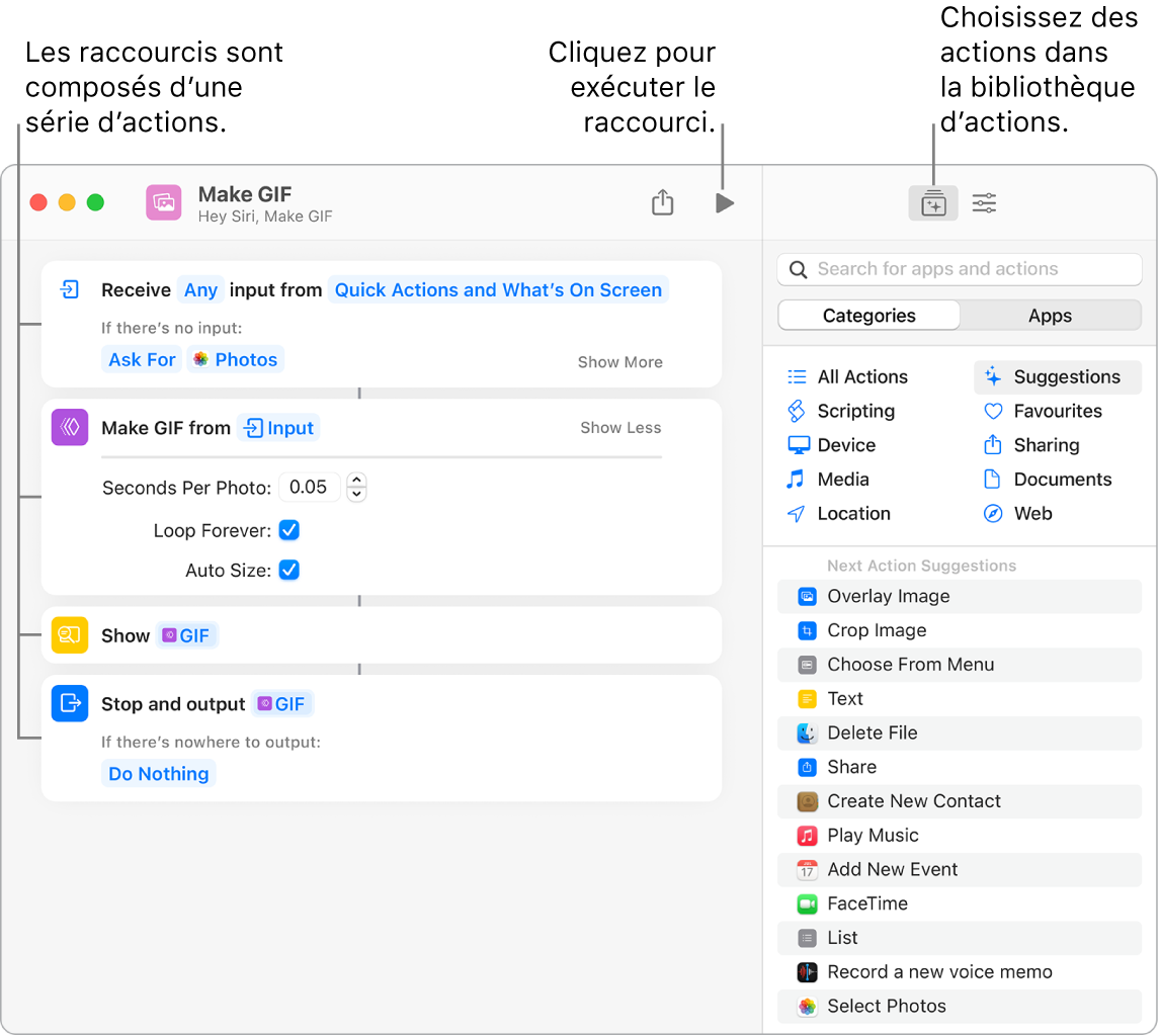L’éditeur de raccourcis « Créer GIF » sur la gauche et la bibliothèque d’actions sur la droite.