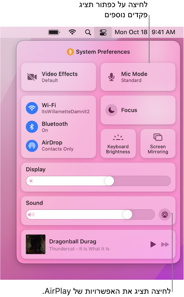 תצוגה מוגדלת של “מרכז הבקרה” ב-Mac, עם הסבר לכפתור “צג”.