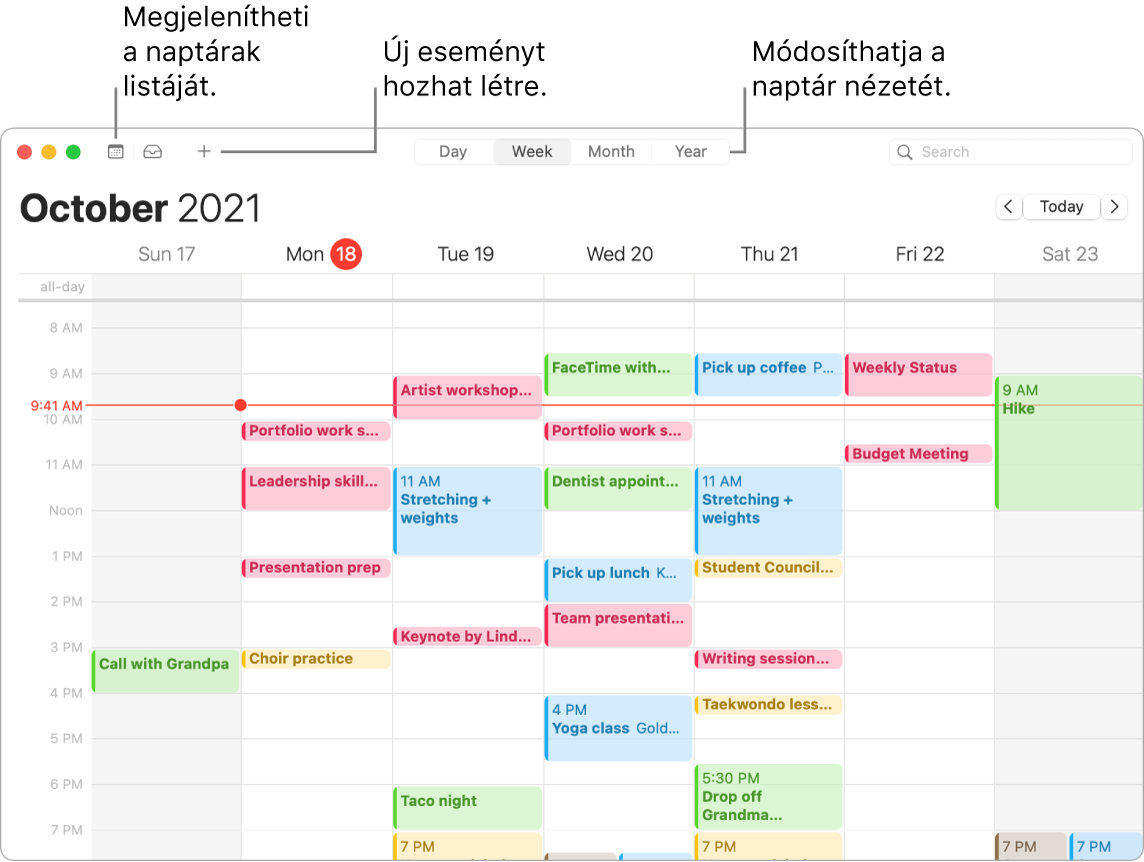 Egy Naptár-ablak, amelyben egy esemény létrehozása, a naptárak listája és a nap, hét, hónap vagy év nézet kiválasztása látható.