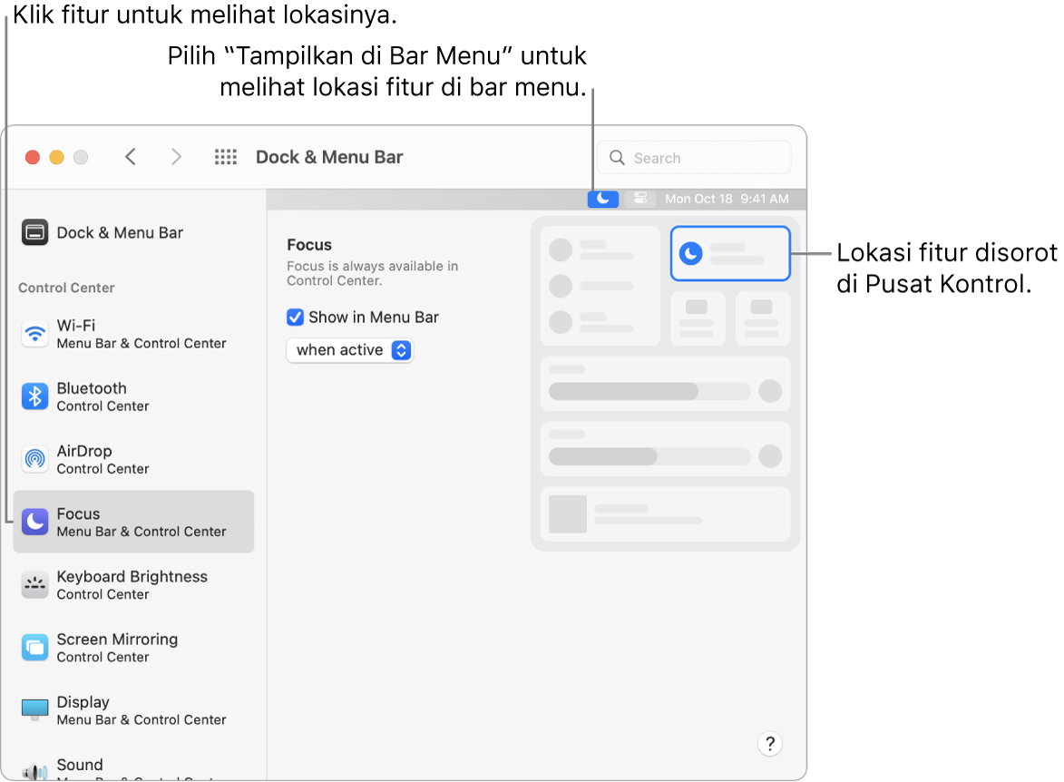 Jendela Preferensi Dock dan Bar Menu.