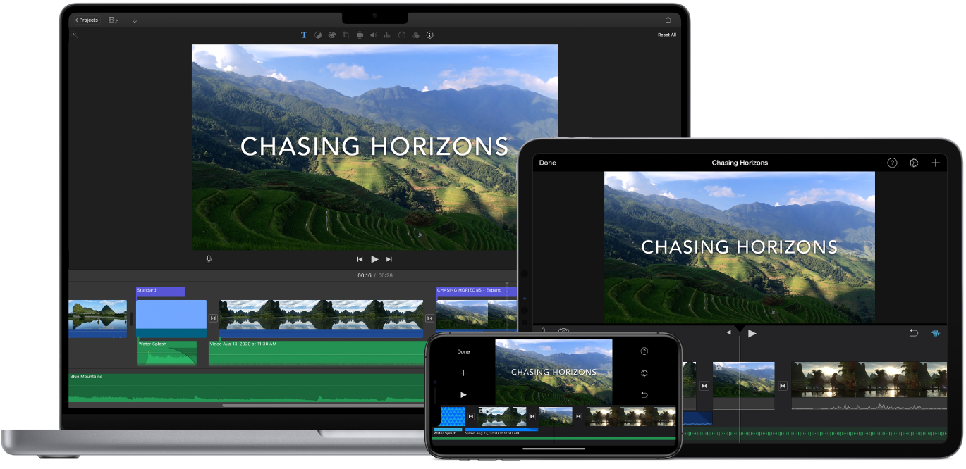 Contenuti identici mostrati su MacBook Pro, iPad e iPhone.