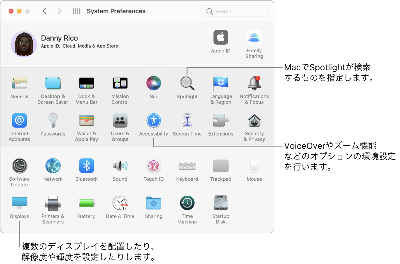 「システム環境設定」ウインドウ。