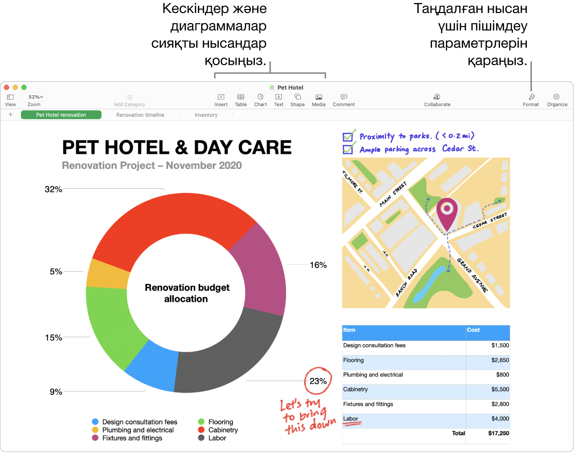 Жоғарғы жағында құралдар тақтасы мен оның өңдеу құралдары, жоғарғы оң жаққа жақын Collaborate түймесі және оң жақта Format және Organize түймелері бар Numbers терезесі. Format бүйірлік жолағы Charts қойындысында ашық.